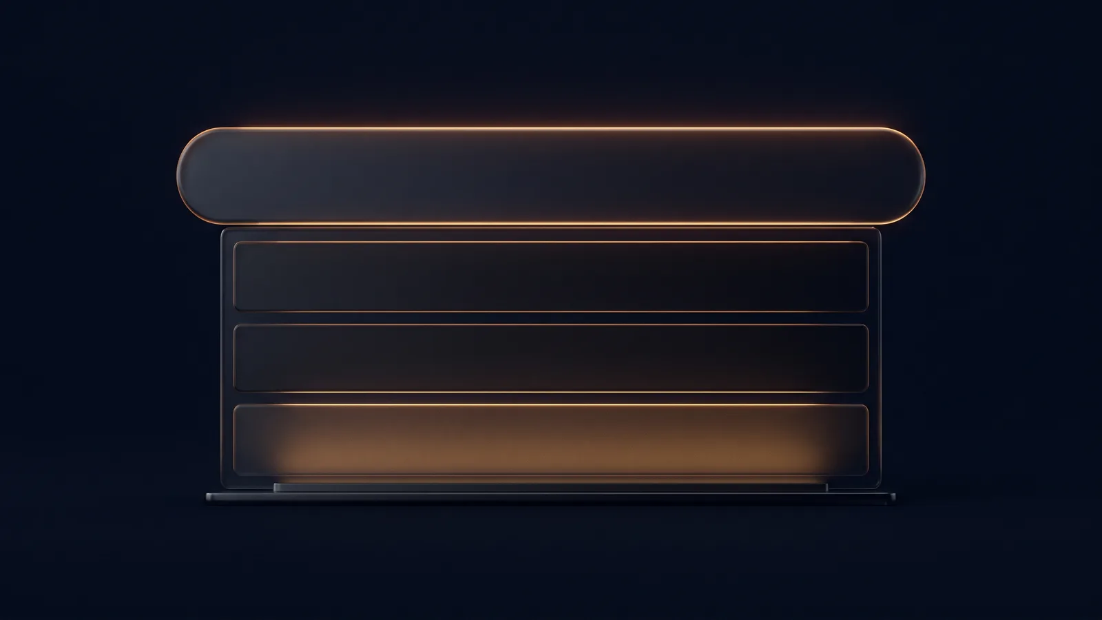 A dark glass search bar with a warm amber rim in a deep blue void, with a dropdown panel of three blank suggestion rows beneath it and only the bottom row glowing warm amber
