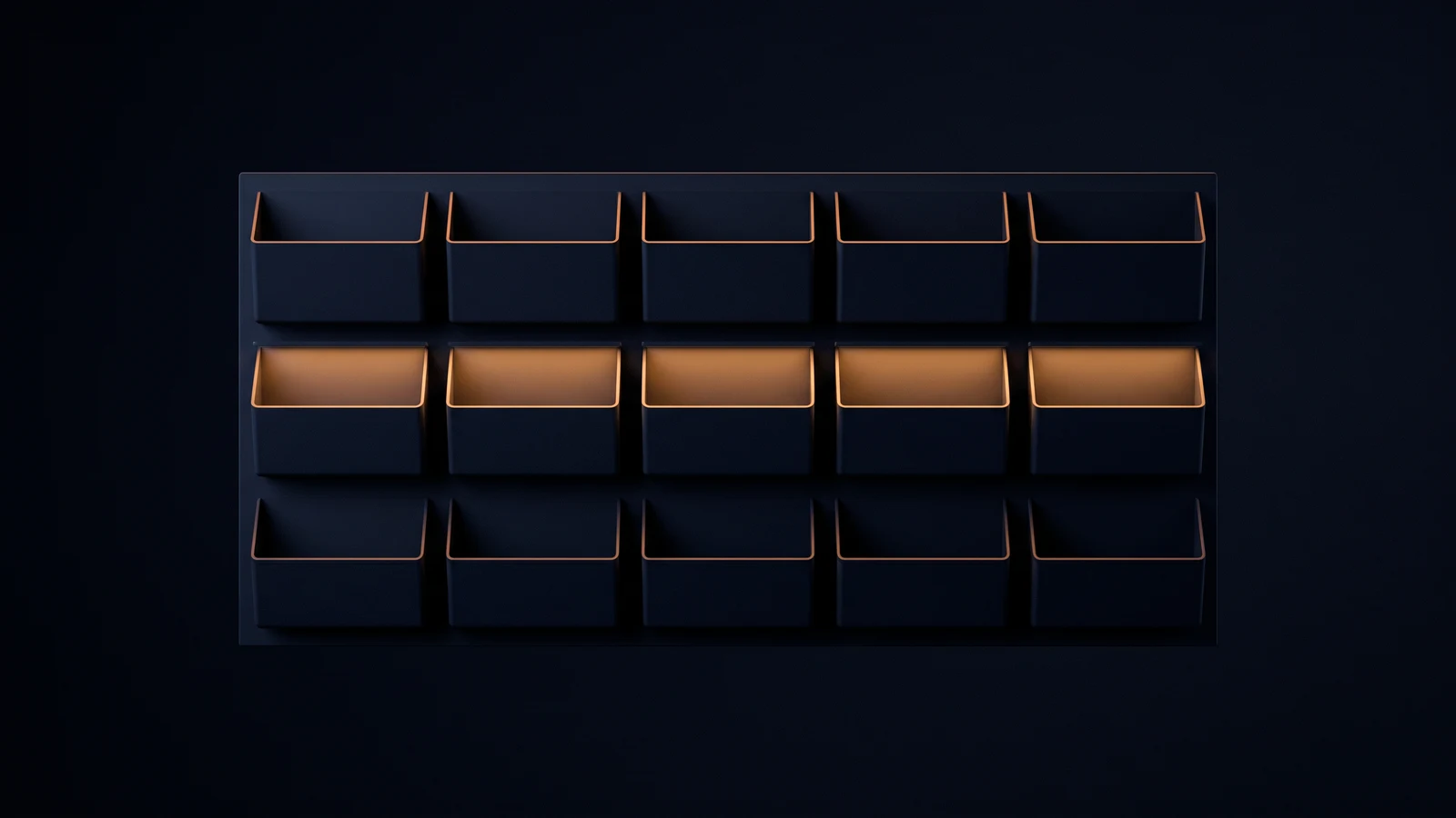 A broad dark wall panel in a deep blue void divided into fifteen large empty blank pockets in three rows of five, the top and bottom rows dark and the whole middle row washed evenly warm amber