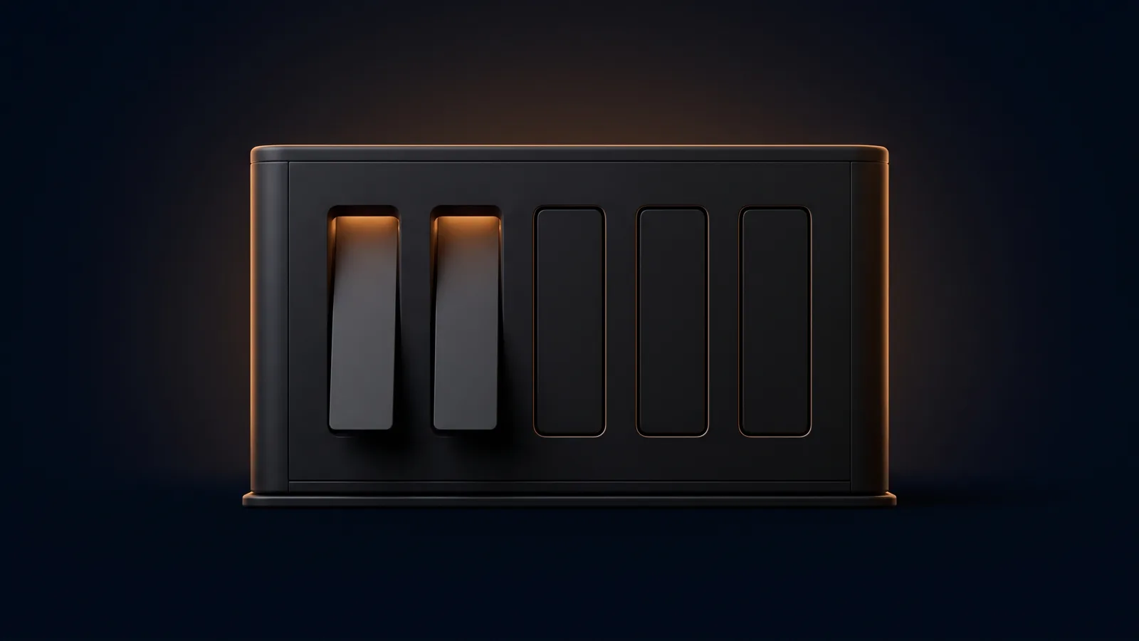 A broad blank dark form dispenser standing on a low rail in a deep blue void, five identical unmarked vertical slots across its face, the two at the left holding blank slips and washed warm amber from within, the other three dark