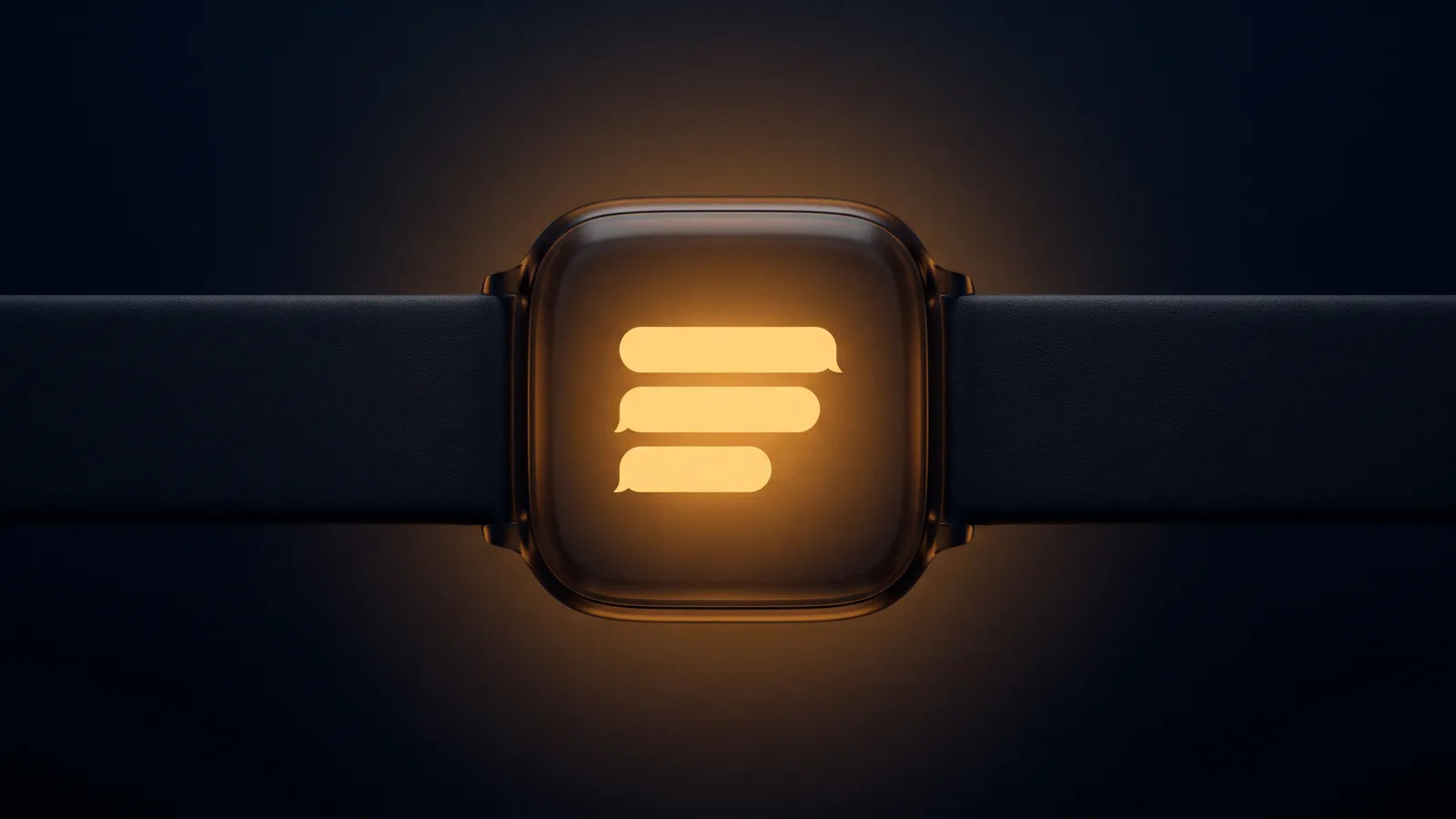 A smartwatch lying flat seen from above in a deep blue void, its straps running to both edges and its square dark glass face glowing warm amber with three blank message bubbles stacked on it