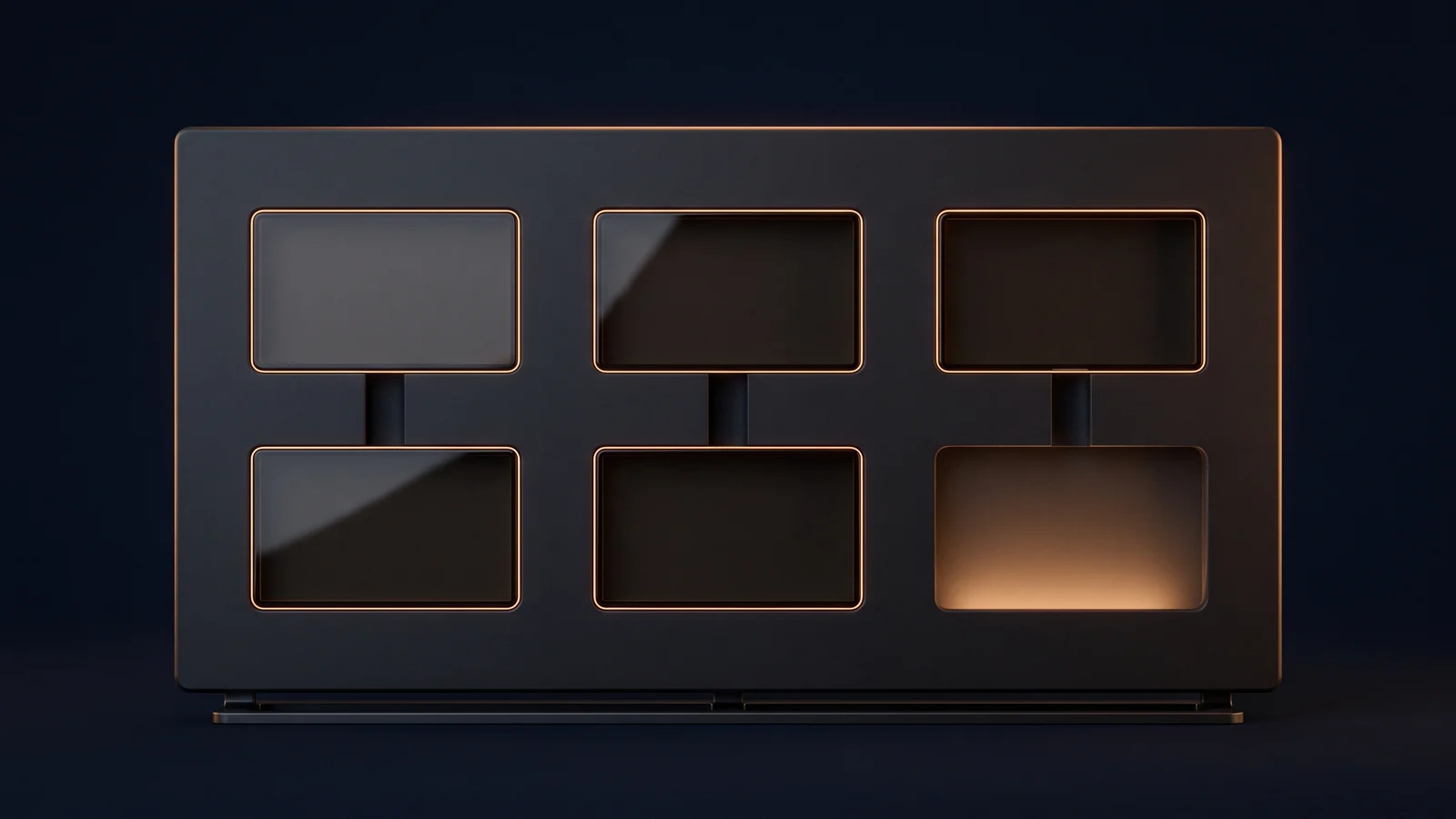 A broad upright dark kit board on a low base rail in a deep blue void, with six rectangular cutouts in two rows, five holding blank dark glass modules traced by thin amber rims and the lower right cutout empty and washed warm amber