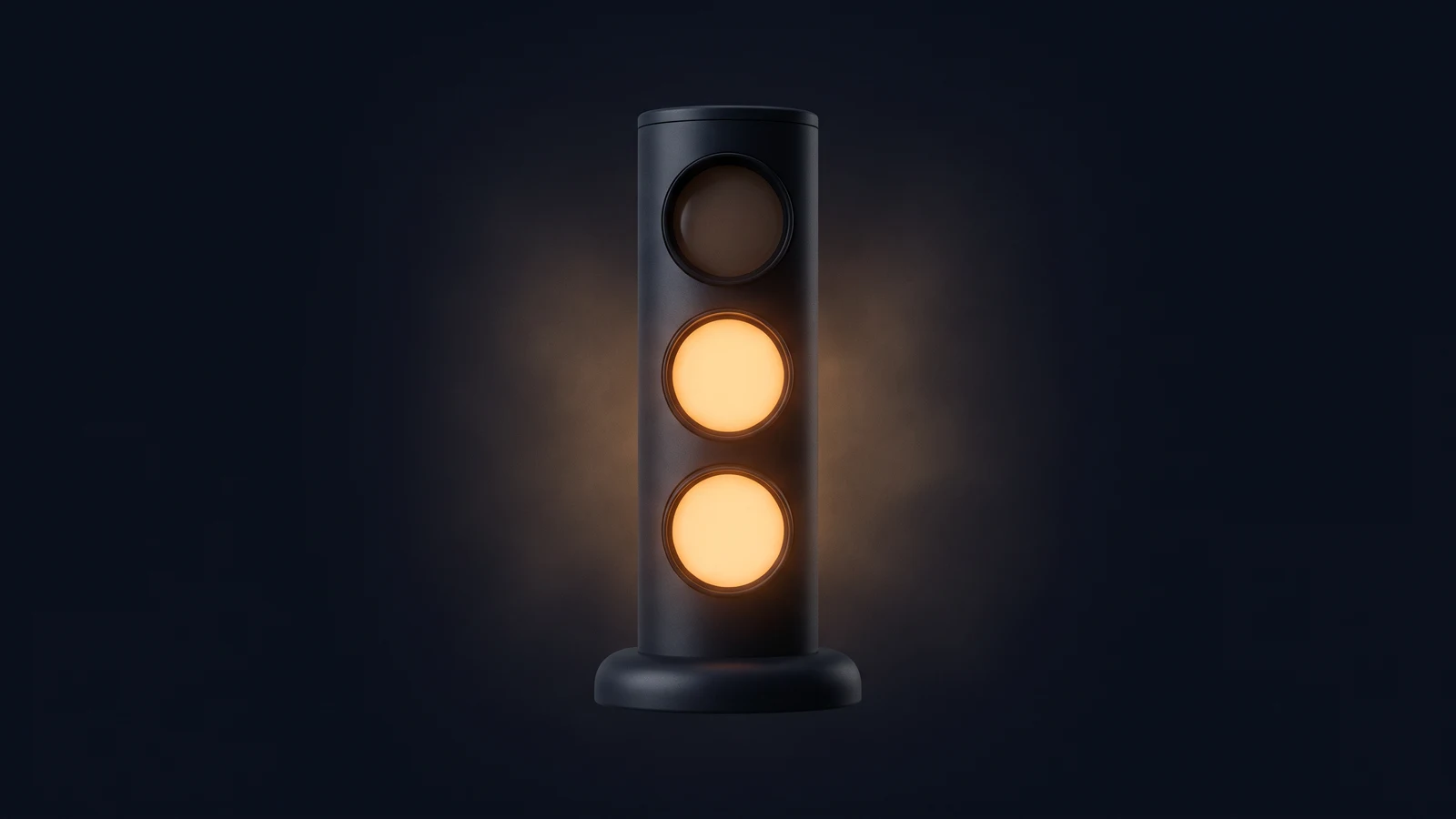 An upright indicator lamp column of matte near-black glass on a low round base in a deep blue void, three round blank lenses stacked vertically, the lower two glowing warm amber and the top one dark