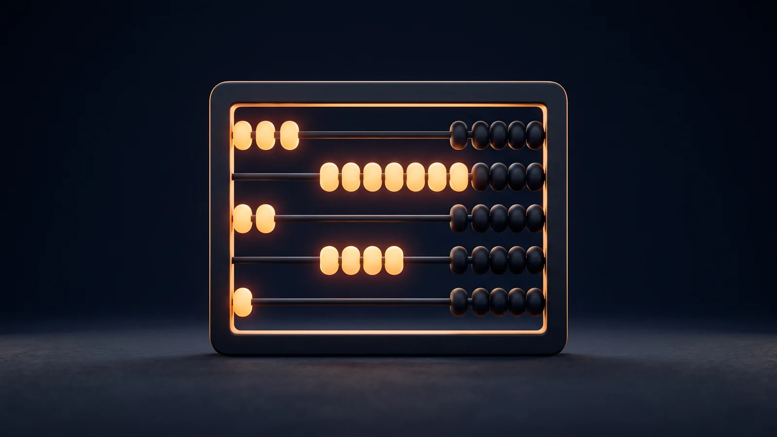 A broad dark counting frame standing in a deep blue void, five horizontal rods of round beads, a different number of beads on each rod slid left and glowing warm amber while the rest sit dark