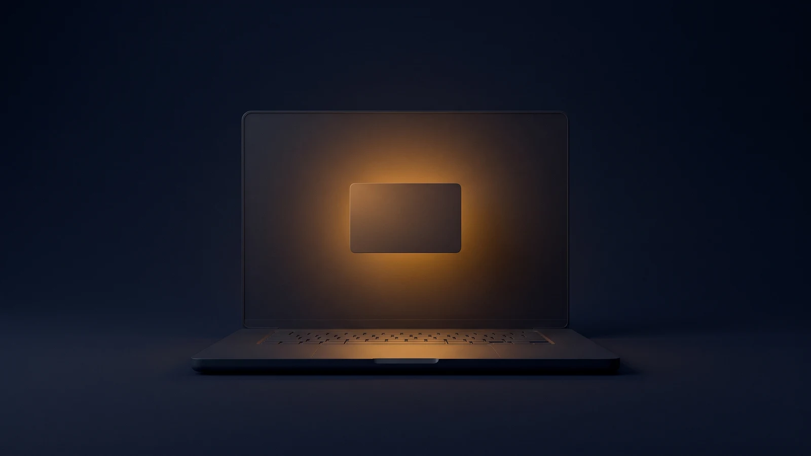 An open laptop of dark matte glass in a deep blue void seen dead-on, its blank screen glowing warm amber, one small blank card standing proud in the air in front of the screen