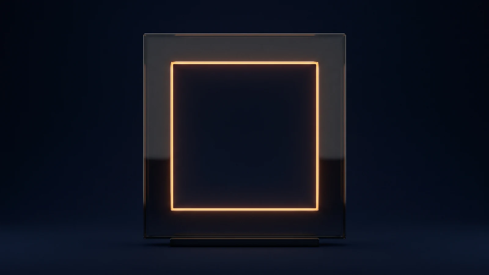 One broad upright rectangular frame of dark smoked glass standing on a low base in a deep blue void, its thick outer band completely blank, its large central opening entirely empty and holding nothing, with a thin warm amber line tracing the inside edge of that empty opening