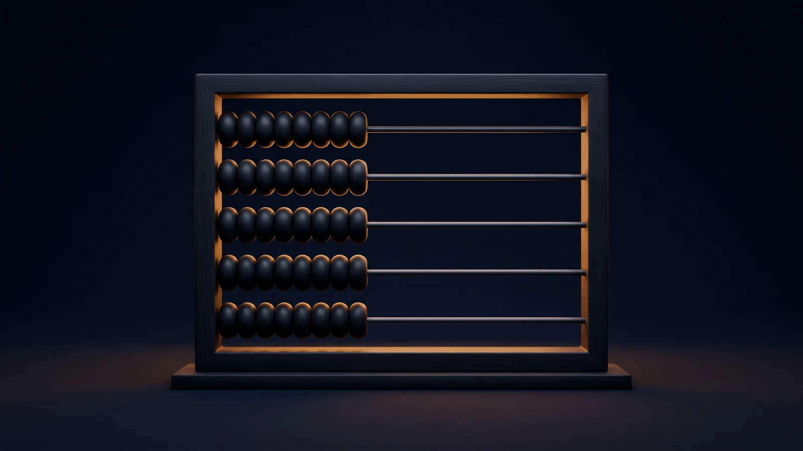 A broad rectangular counting frame of matte near-black charcoal standing dead-on on a low base in a deep blue void, five plain horizontal rails carrying identical blank dark beads all pushed hard together against the left end, the right two thirds of every rail completely empty, warm amber light washing the clustered beads from inside the frame