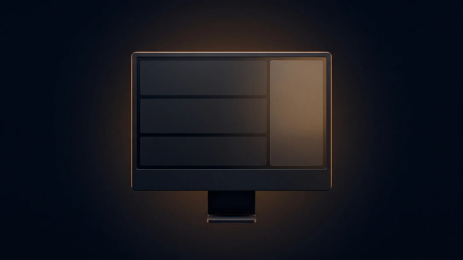 A dark desktop monitor with a warm amber rim in a deep blue void, its blank screen split into three dark result rows on the left and one tall panel glowing softly amber on the right