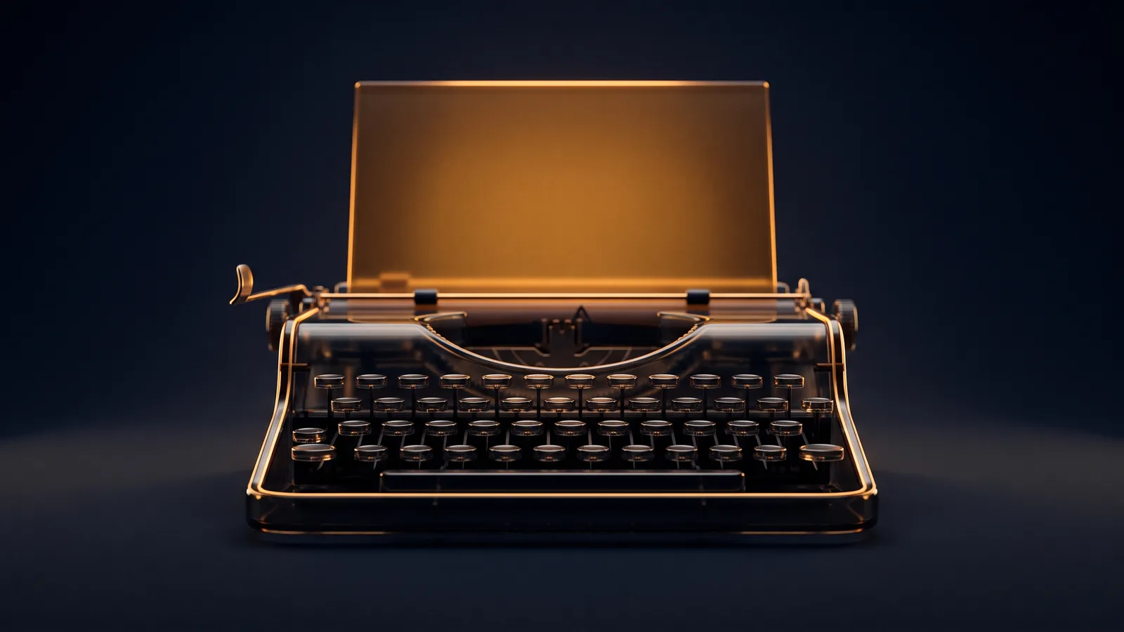 A vintage desktop typewriter of dark smoked glass with thin amber rims seen straight on in a deep blue void, its rows of round keys blank and dark, and one wide blank sheet standing out of the roller glowing warm amber