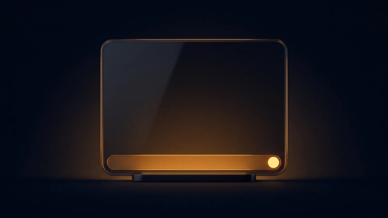 An upright rounded chat panel of dark smoked glass on a low base in a deep blue void, its upper area blank and dark, a wide blank message bar across its lower edge glowing warm amber with a round send button at the right end
