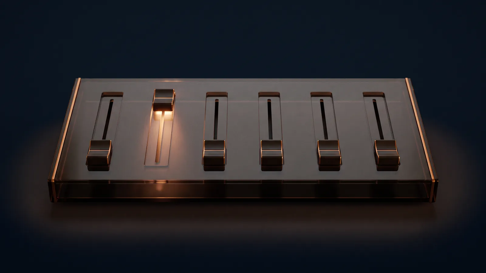 A broad low mixing console of dark smoked glass with six blank fader slots in a deep blue void, five fader caps sitting low and dark and one pushed high and glowing warm amber