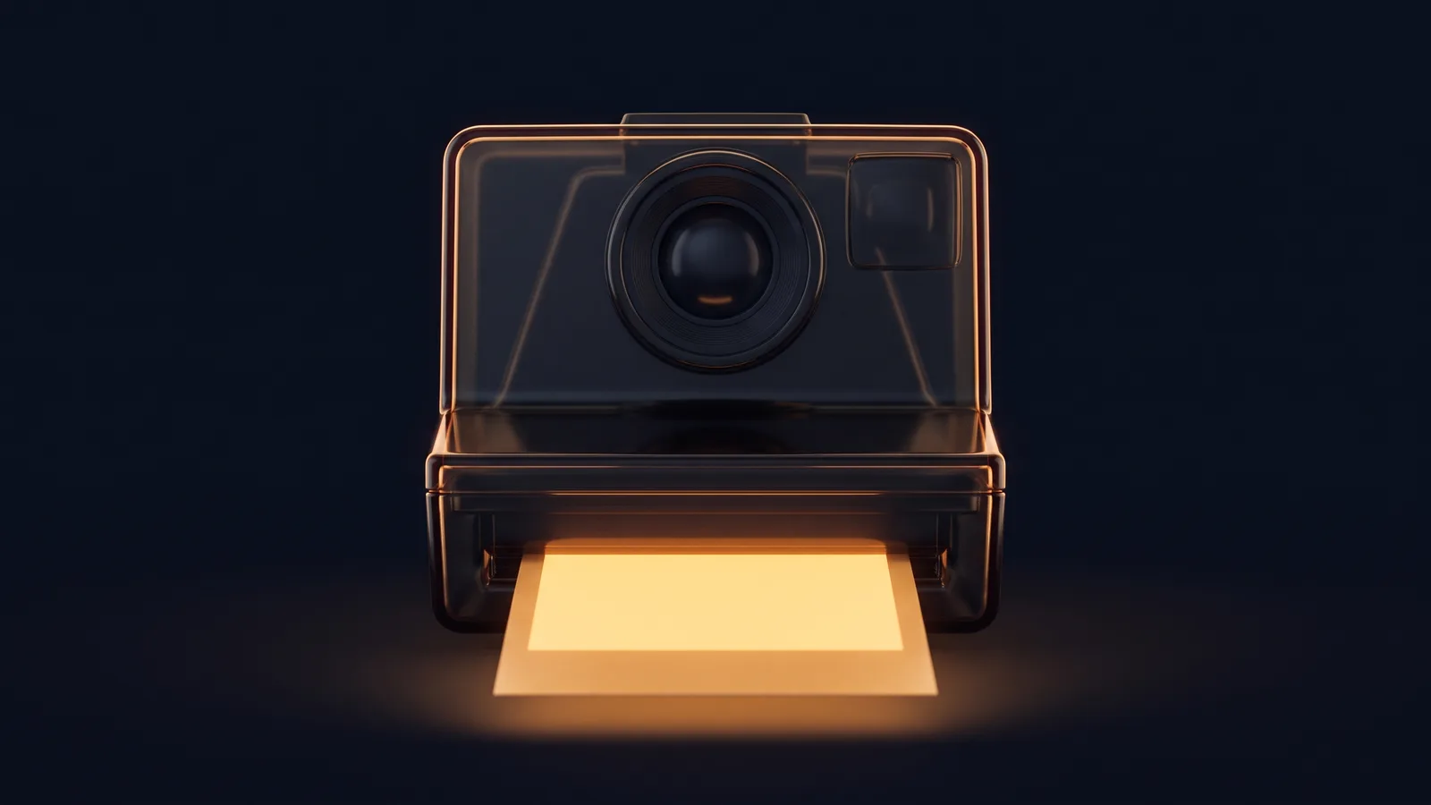 A boxy instant camera of dark smoked glass with thin amber rims seen straight on in a deep blue void, its round lens dark and one blank square print glowing warm amber as it slides out of the slot beneath