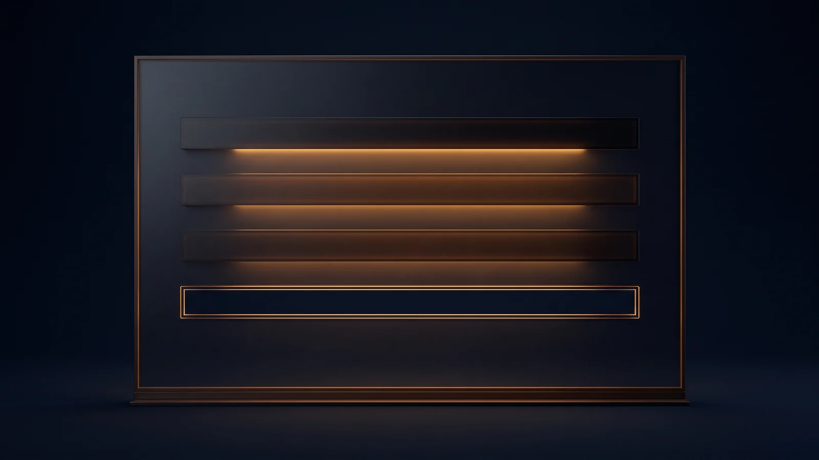 A broad upright dark glass panel with a thin amber rim in a deep blue void, three solid horizontal bars glowing softly amber across its face and a fourth bar beneath them that is only an empty amber outline