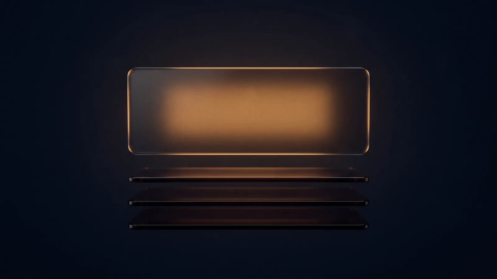 One wide blank panel of dark smoked glass glowing warm amber from within, hovering above three smaller unlit glass plates stacked beneath it in a deep blue void