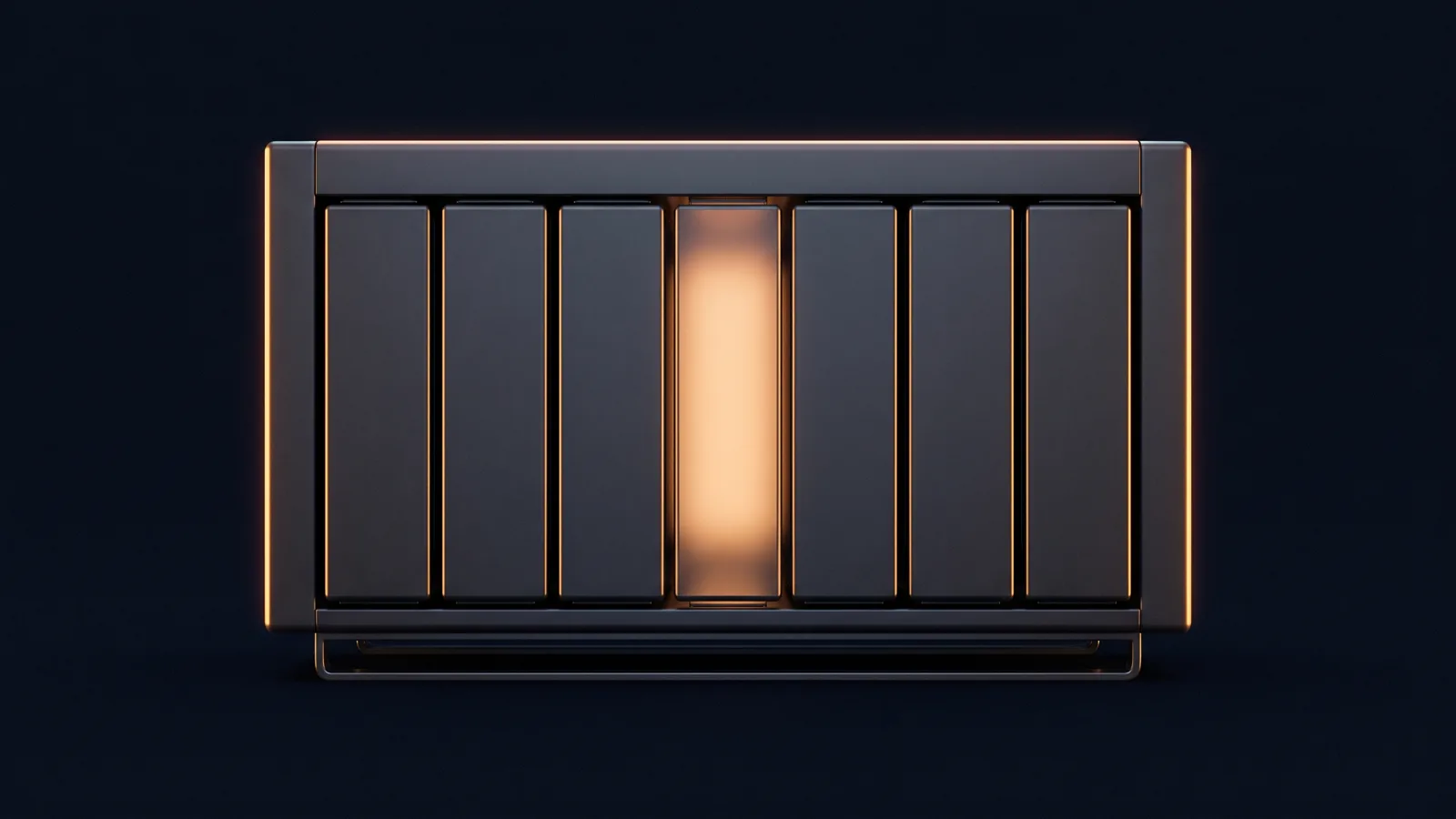 A broad dark storage chassis in a deep blue void holding a row of seven identical blank upright panels, the middle one glowing warm amber