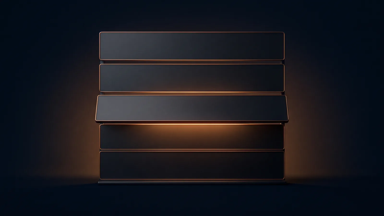 A dark upright panel cut into five horizontal strips standing on a low rail in a deep blue void, the middle strip slid forward with warm amber light beneath it