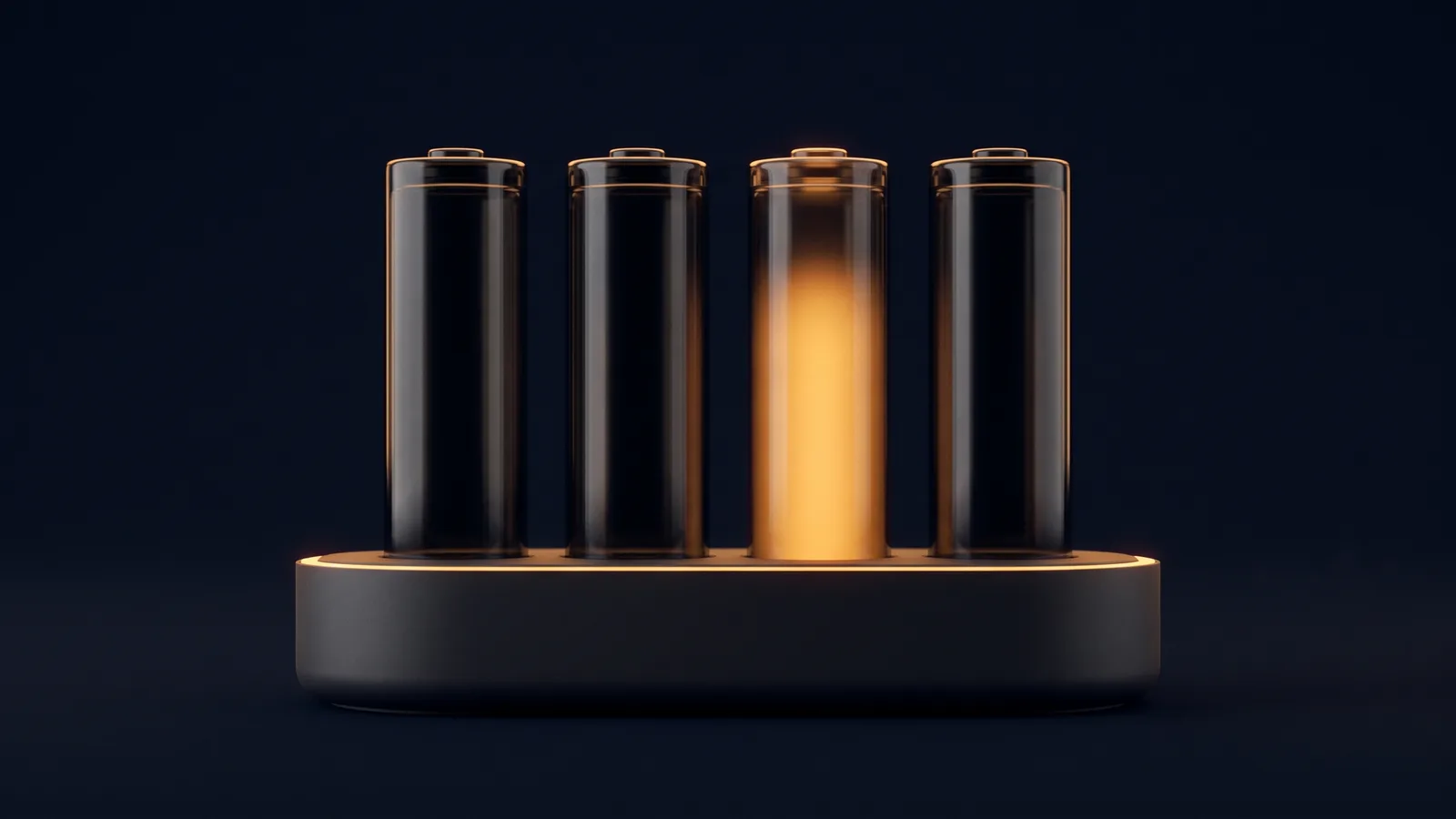 Four tall blank power cells of dark smoked glass standing in a row on a broad near-black charging cradle in a deep blue void, three of them dark with thin amber rims and one glowing warm amber from within