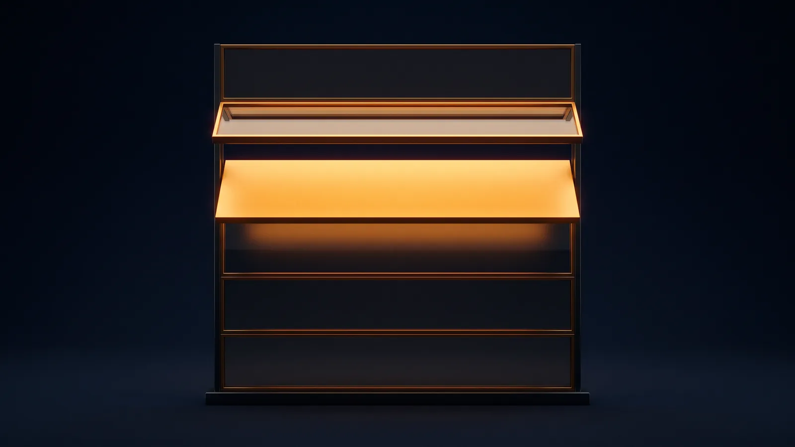 A tall upright accordion panel of dark smoked glass in a deep blue void, its closed rows read only by thin amber edges, and one row opened with a blank panel slid out beneath it glowing warm amber