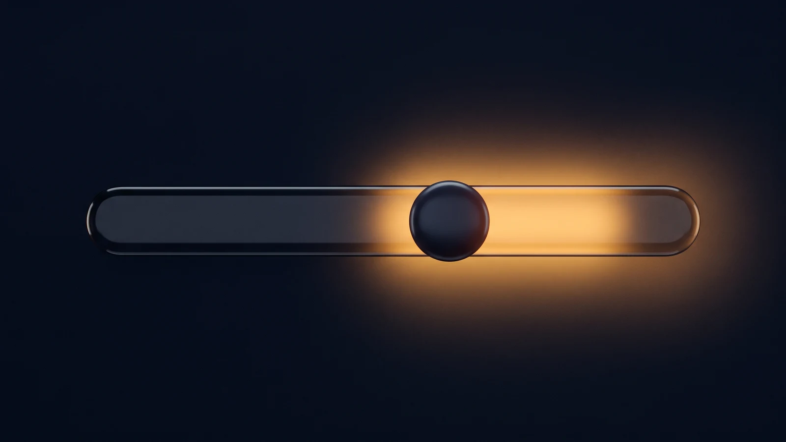 A long horizontal slider track of dark smoked glass floating in a deep blue void, its round knob resting past the middle with the length of track behind it glowing warm amber