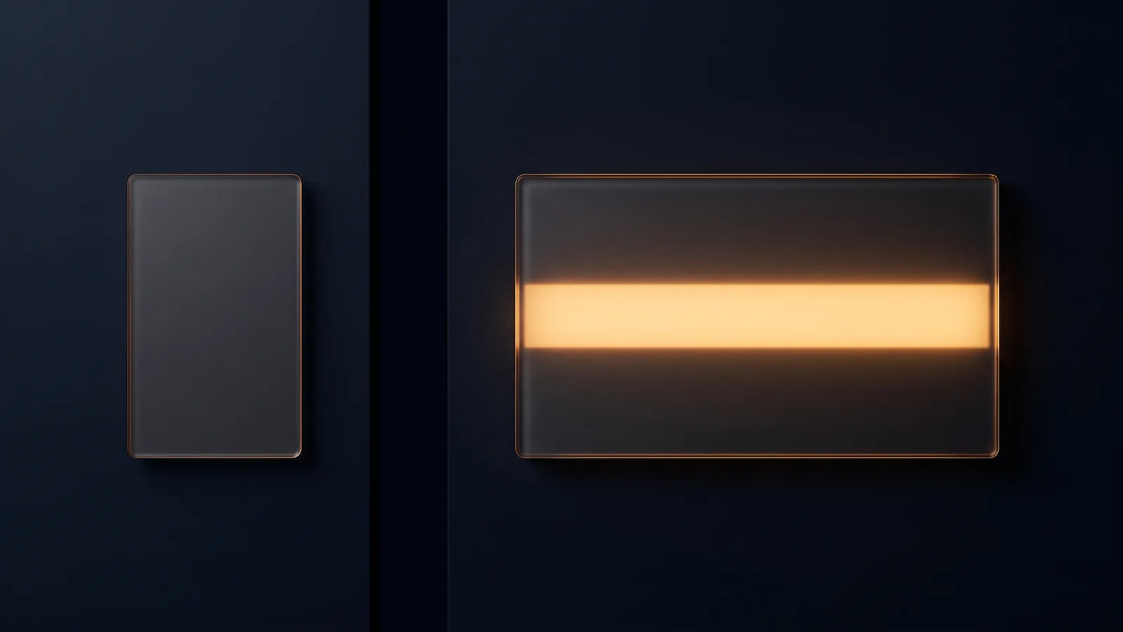 A blank upright card of dark smoked glass with a thin amber rim beside a broad wall-mounted reader plate in a deep blue void, the two separated by a dark gap, with one wide strip across the reader glowing warm amber