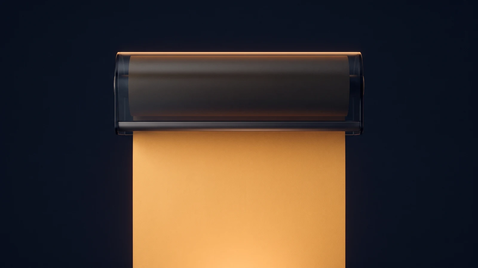 A broad blank roll dispenser of dark smoked glass in a deep blue void, one wide unmarked length of material unrolled from it and hanging straight down, washed evenly warm amber