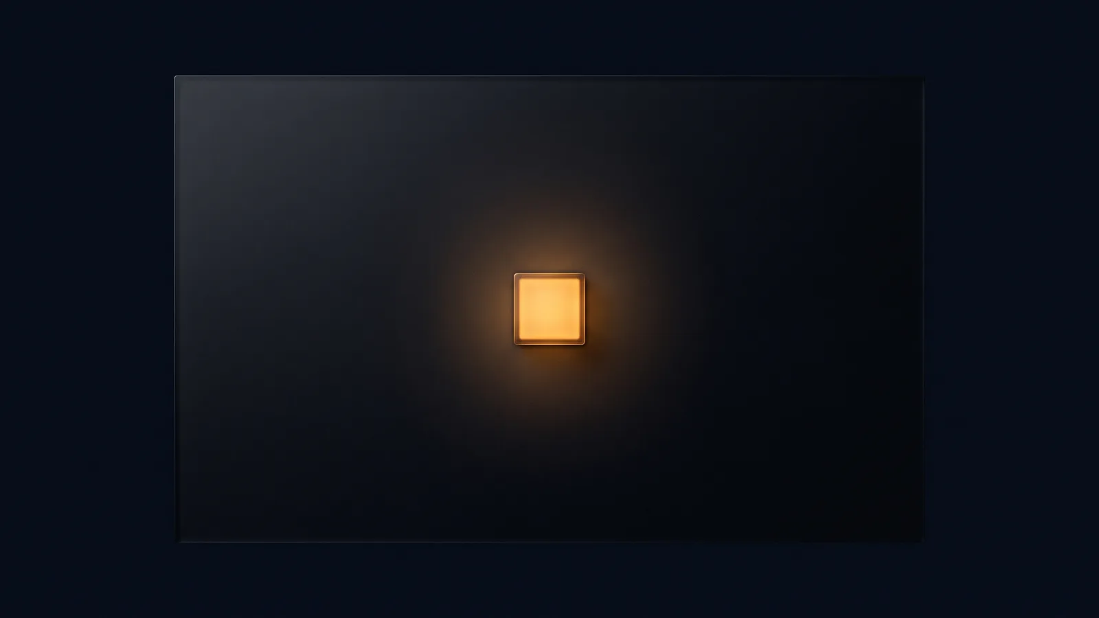 One broad flat wall panel of dark smoked glass filling most of a deep blue void, its whole face completely blank and unlit, holding one small square access plate at its exact center that stands slightly proud of the face and glows warm amber from within its own surface