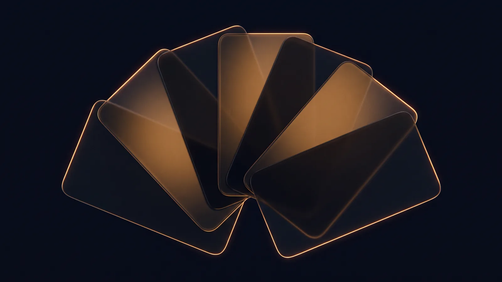 Seven blank dark smoked glass cards fanned out from one point like a hand of playing cards in a deep blue void, each traced by a thin amber rim, three of them glowing softly warm amber