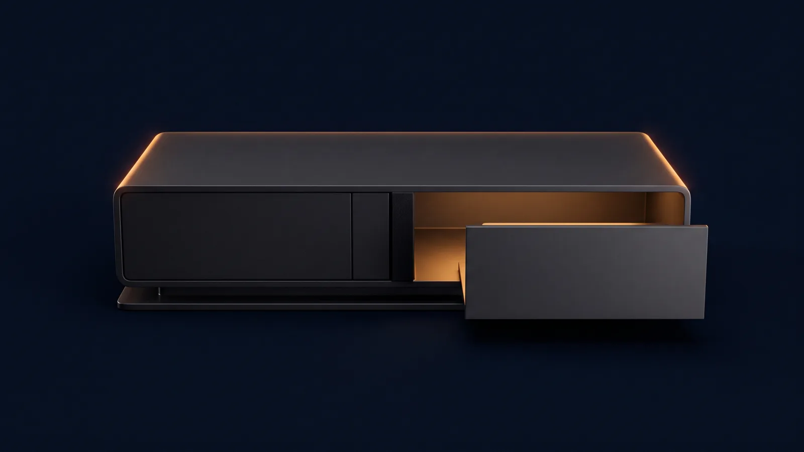 A broad blank dark docking unit resting on a low rail in a deep blue void, two wide bays side by side, the left bay closed and dark and the right bay open with one unmarked plate drawn halfway into it and the recess behind it washed warm amber