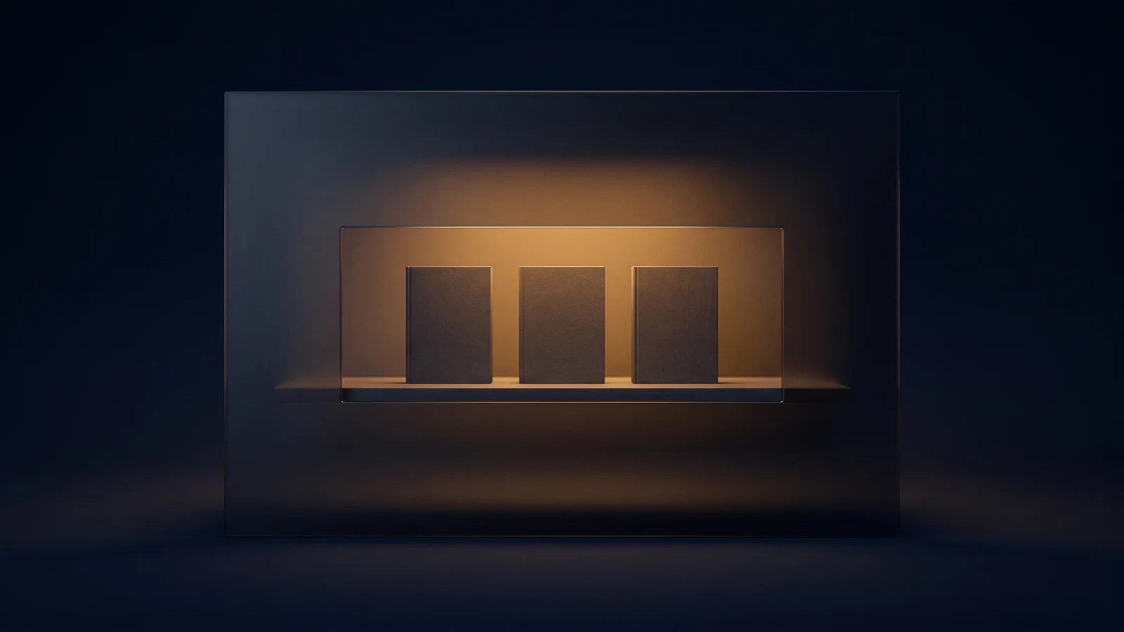 A broad flat wall panel of dark smoked glass standing dead-on in a deep blue void, its face completely blank and unlit, with one wide rectangular opening cut through its center holding a plain shelf on which three identical blank blocks stand side by side, washed warm amber from a light source inside the opening