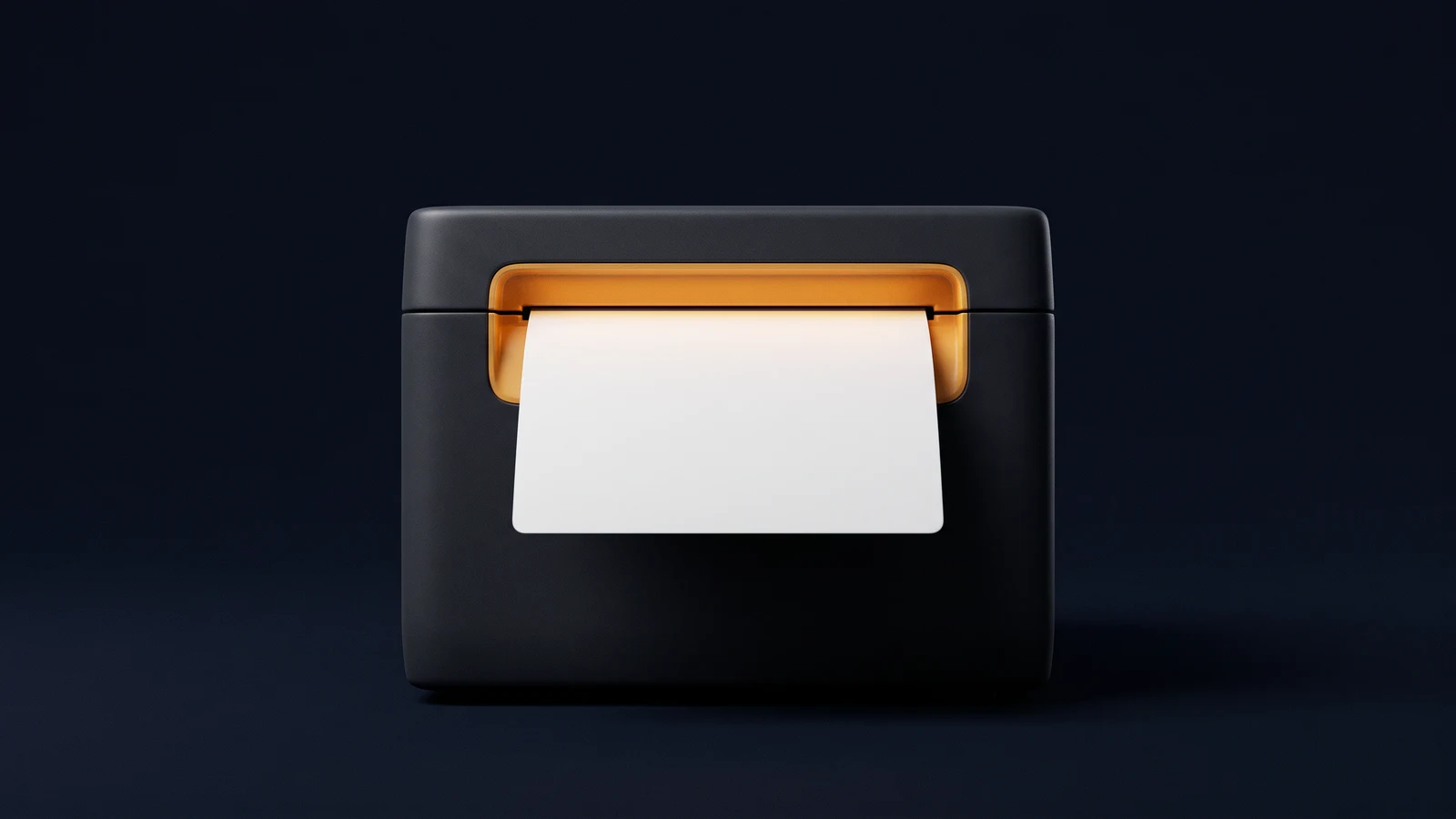 A compact desktop label printer of matte near-black glass standing dead-on in a deep blue void, one completely blank card standing proud from its output slot, the slot opening glowing warm amber from inside the housing