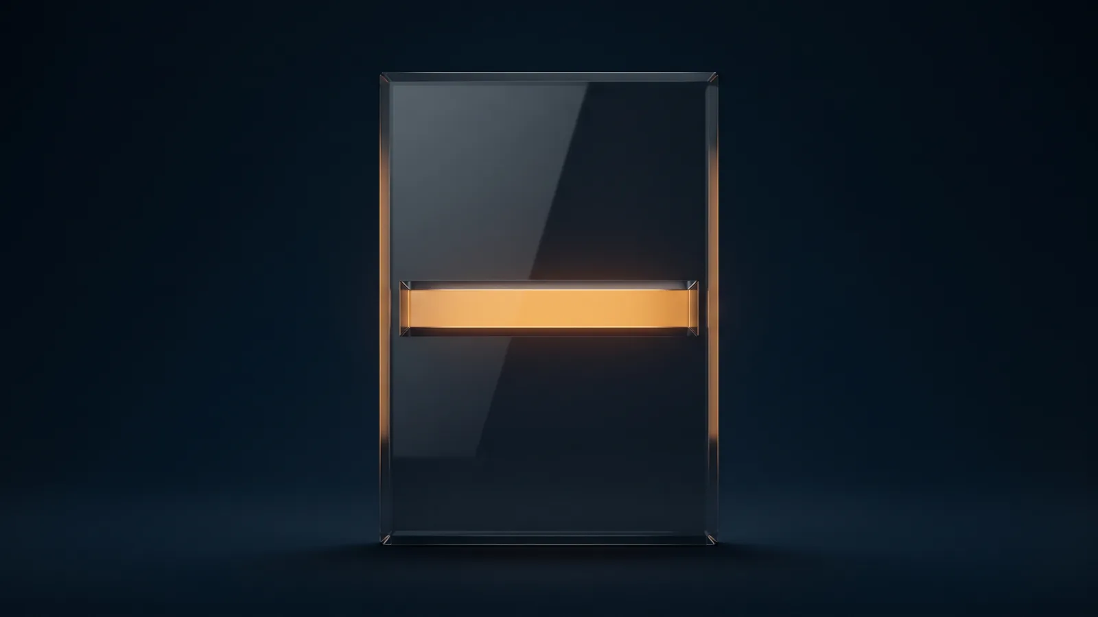 An upright pane of dark smoked glass standing in a deep blue void with a single wide amber band glowing across its middle