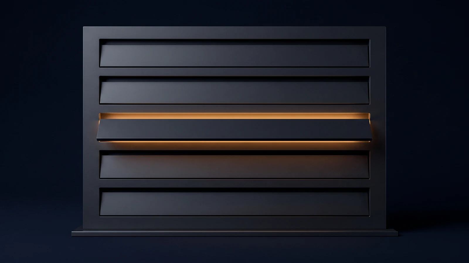 A broad upright display panel of matte near-black charcoal standing dead-on on a low base rail in a deep blue void, its blank face divided into five wide horizontal channels each holding one plain blank slat, four seated flush and dark and the middle slat pulled well proud of the face with the empty channel behind it glowing warm amber along its full width
