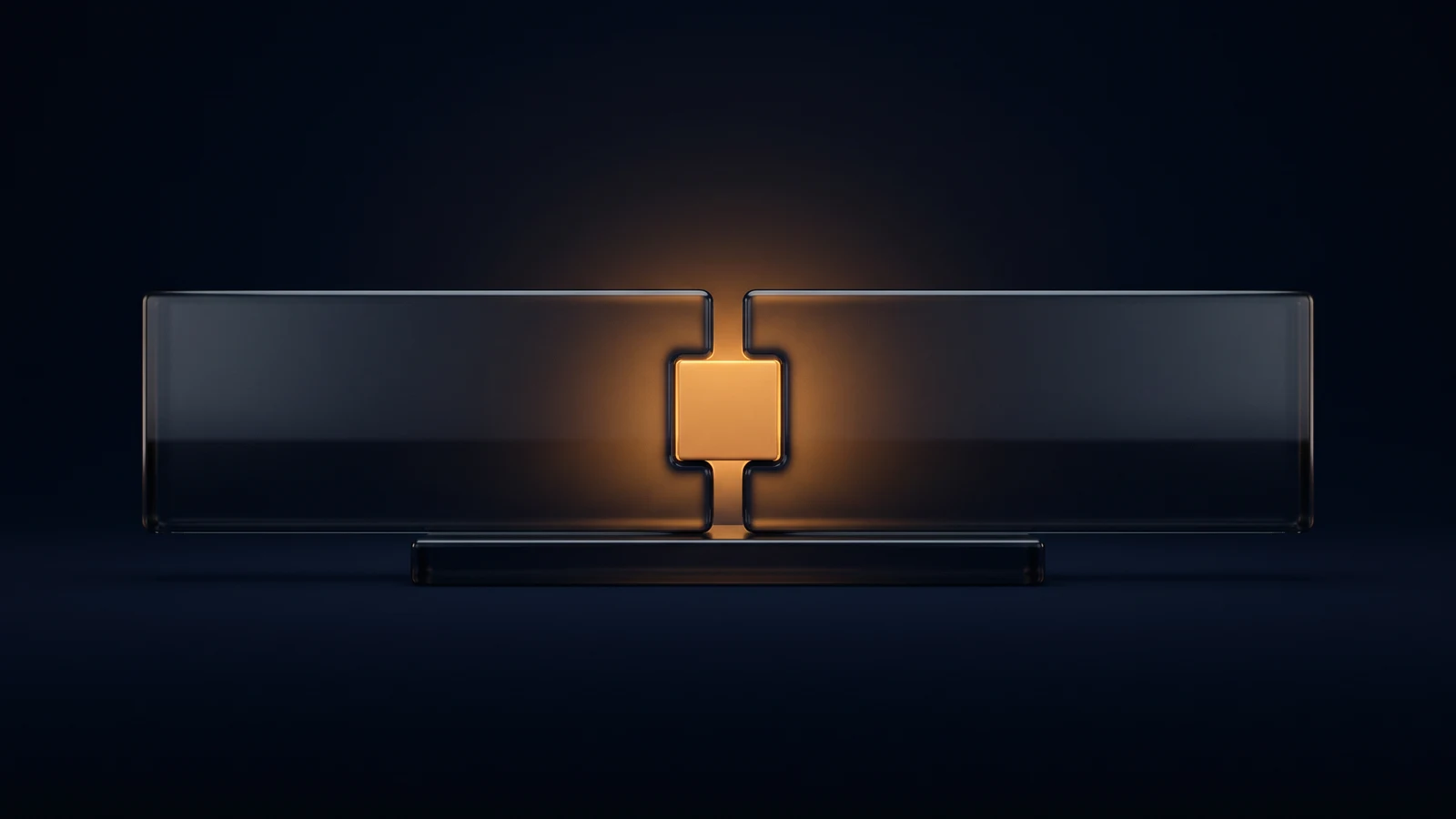 A wide clamp of dark smoked glass lying across a low base in a deep blue void, its long straight beam filling most of the frame and completely blank, its two facing jaws closed gently around one small plain block at the exact center that glows warm amber from within
