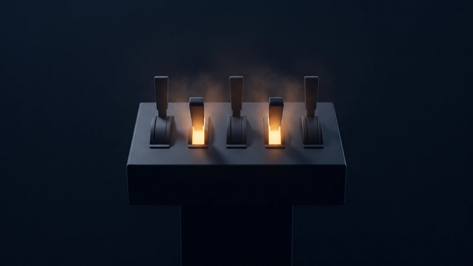 A control console of matte near-black glass standing dead-on in a deep blue void, five tall blank lever switches in a row across its top, the second and fourth thrown forward and glowing warm amber while the other three stay dark but present