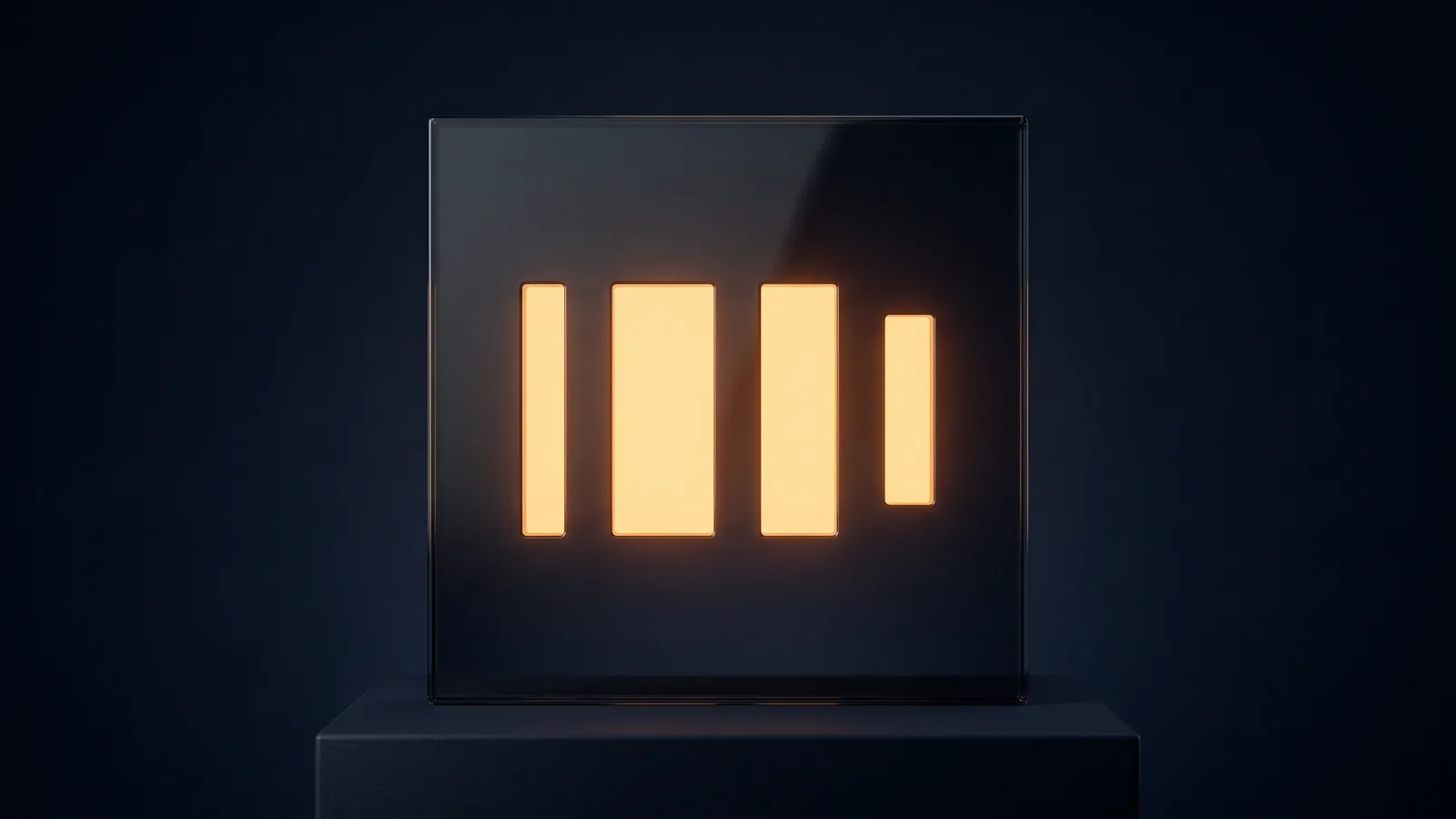 An upright plate of dark smoked glass standing face-on in a deep blue void, its face cut through by four blank rectangular slots that glow warm amber from behind
