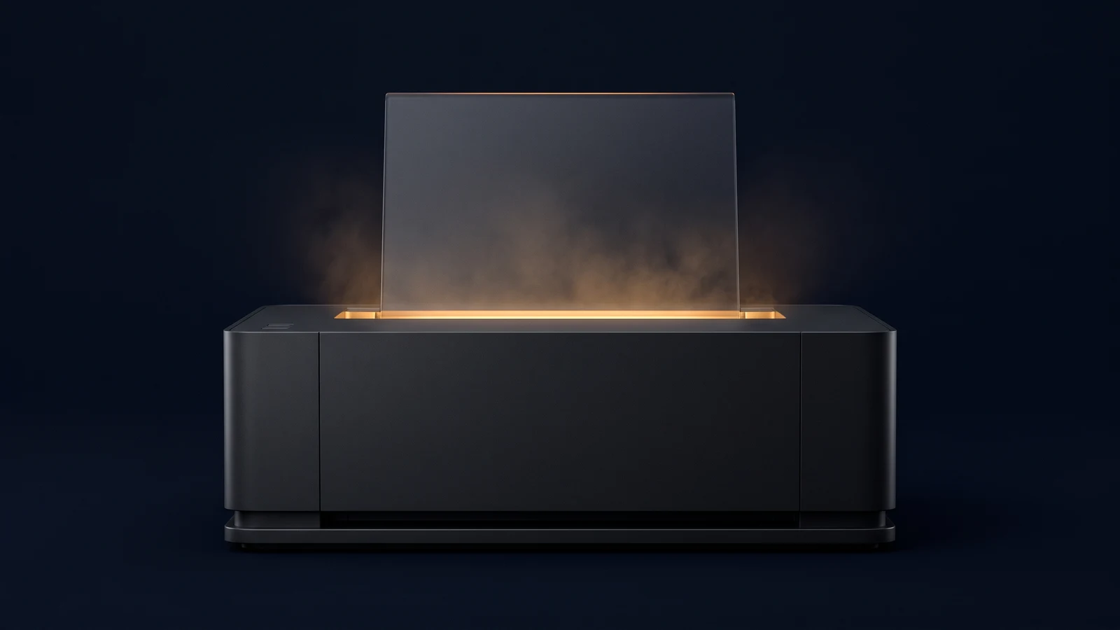 A dark desktop printer standing in a deep blue void with one blank sheet rising from its output slot, the slot itself glowing warm amber
