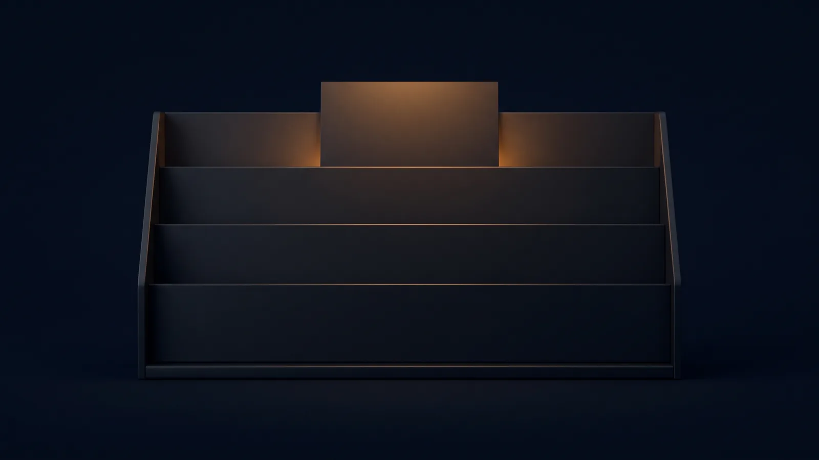 A broad three-tier literature rack of matte near-black glass standing dead-on on a low base rail in a deep blue void, one completely blank card standing proud in the lit top pocket and the two pockets below empty and dark