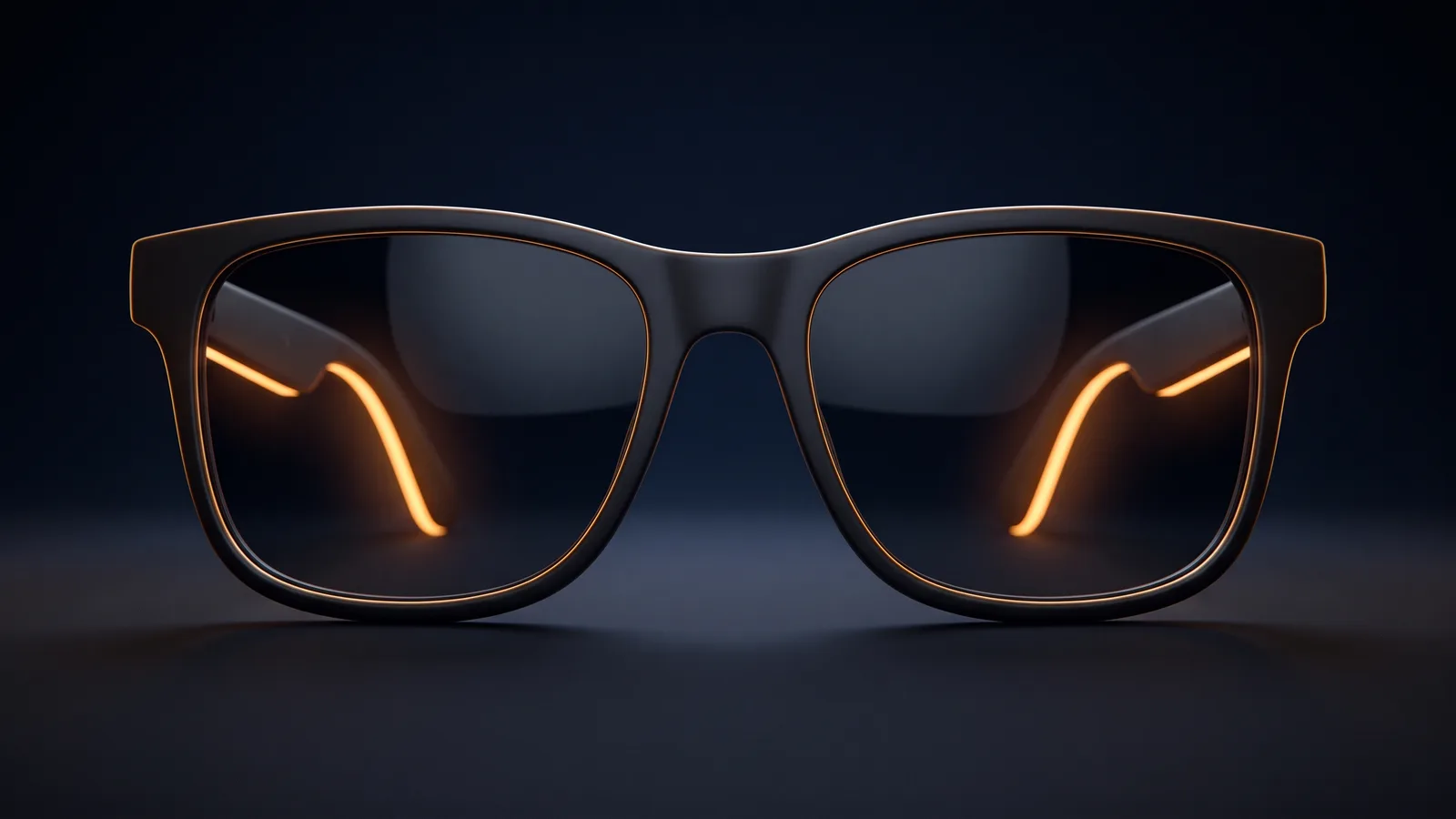 A broad pair of dark smart glasses standing dead-on in a deep blue void, both large lenses blank and dark, a thin line of warm amber light glowing along the inside of each temple arm