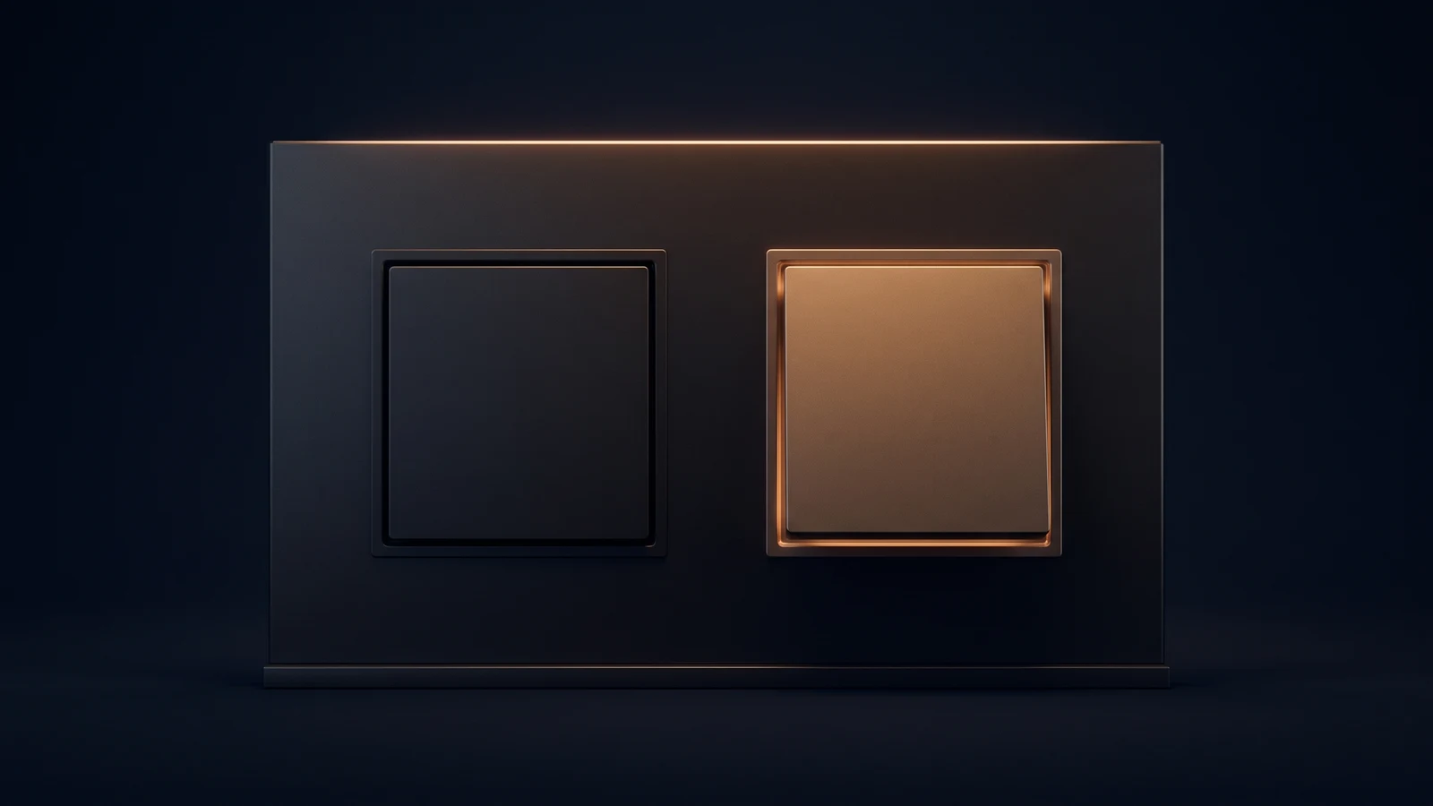 A broad blank entry panel of dark smoked glass on a low base rail in a deep blue void, two large identical blank square push plates side by side, the left one recessed and dark and the right one standing proud and washed warm amber