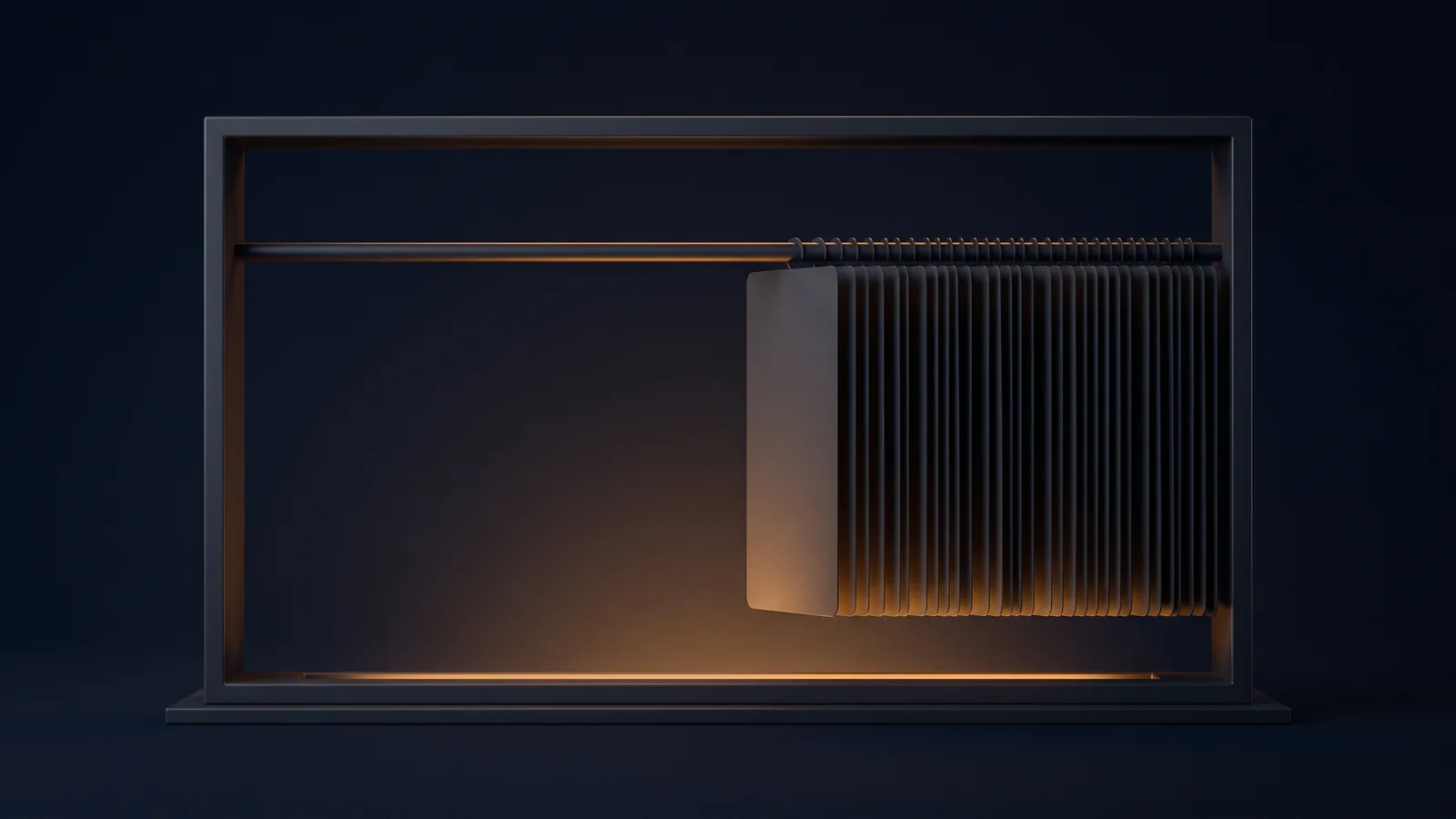 A broad dark display frame in a deep blue void with one long horizontal rail across it, the left two thirds of the rail hanging empty and dark and every blank unmarked card crowded shoulder to shoulder into the right hand third and lit warm amber from below