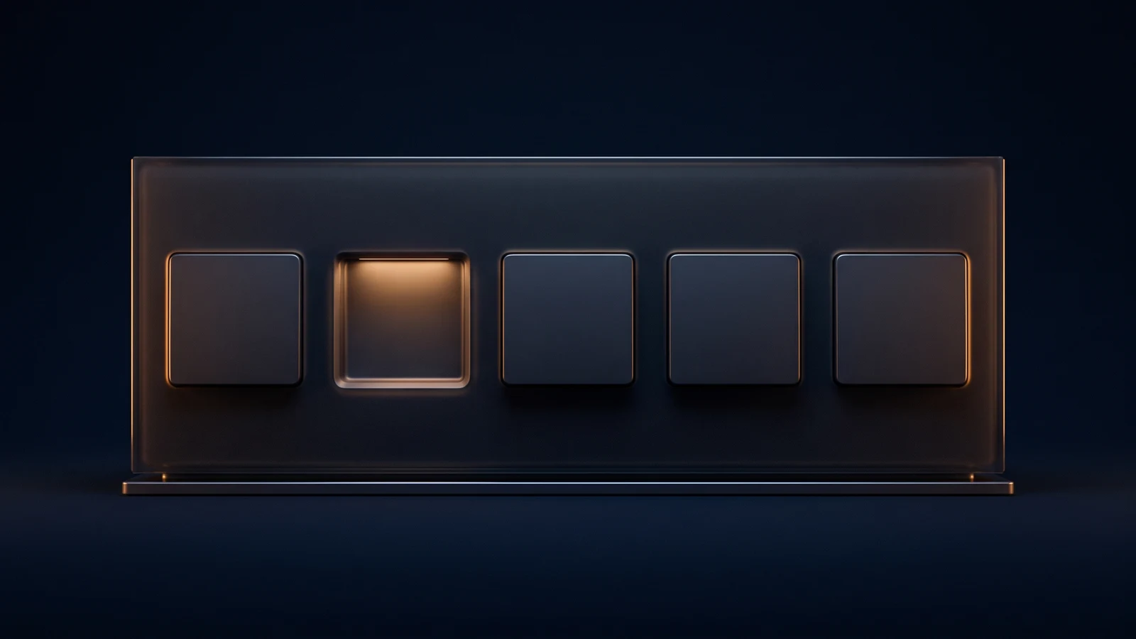 A broad dark selector housing in a deep blue void with a row of five identical blank square push panels across its face, the second panel pressed inward and its shallow recess lit warm amber while the other four sit flush and dark