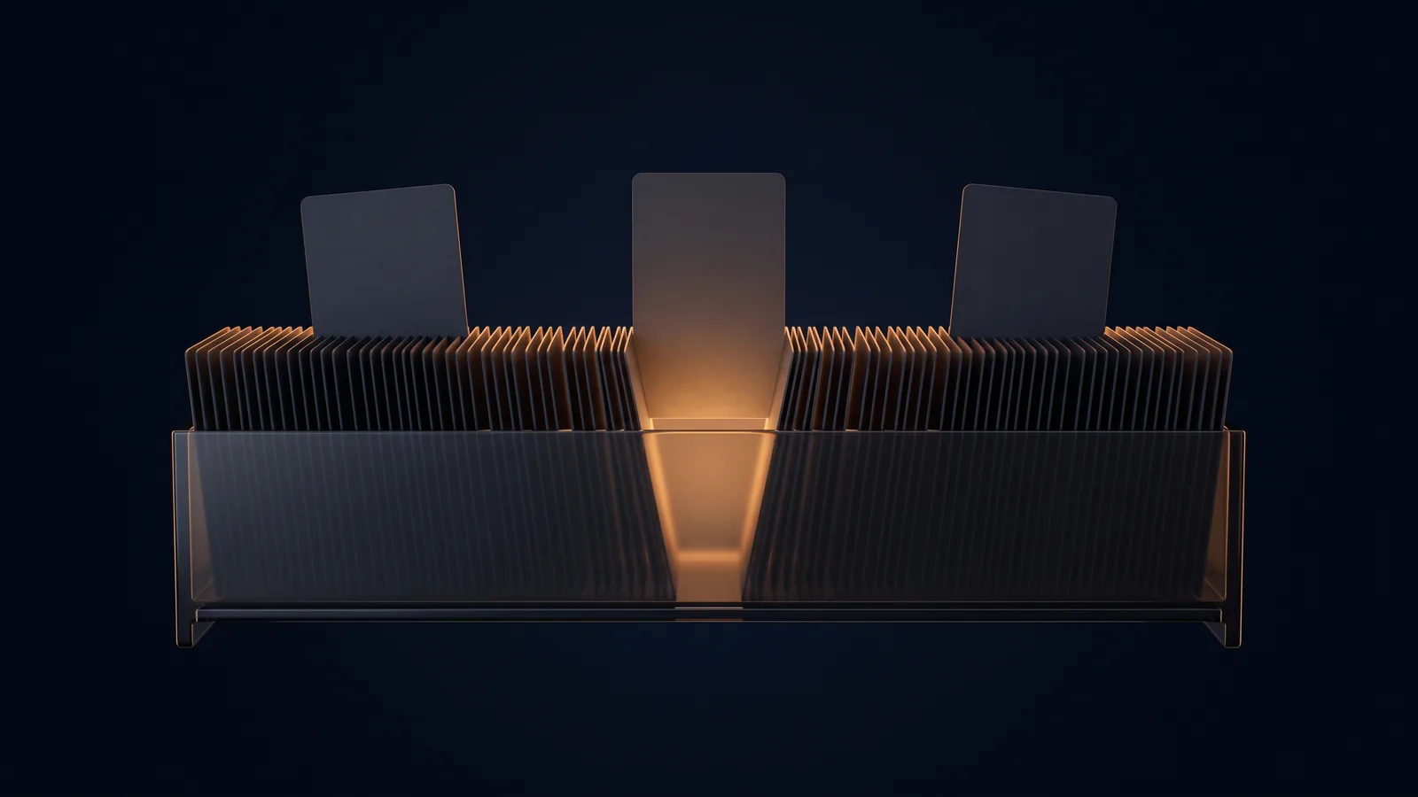 A broad card file tray of dark smoked glass standing on a low base rail in a deep blue void, packed with many identical blank dark cards standing edge-on with faint warm rims along their top edges, three of them raised clearly proud of the rest and the center one washed warm amber
