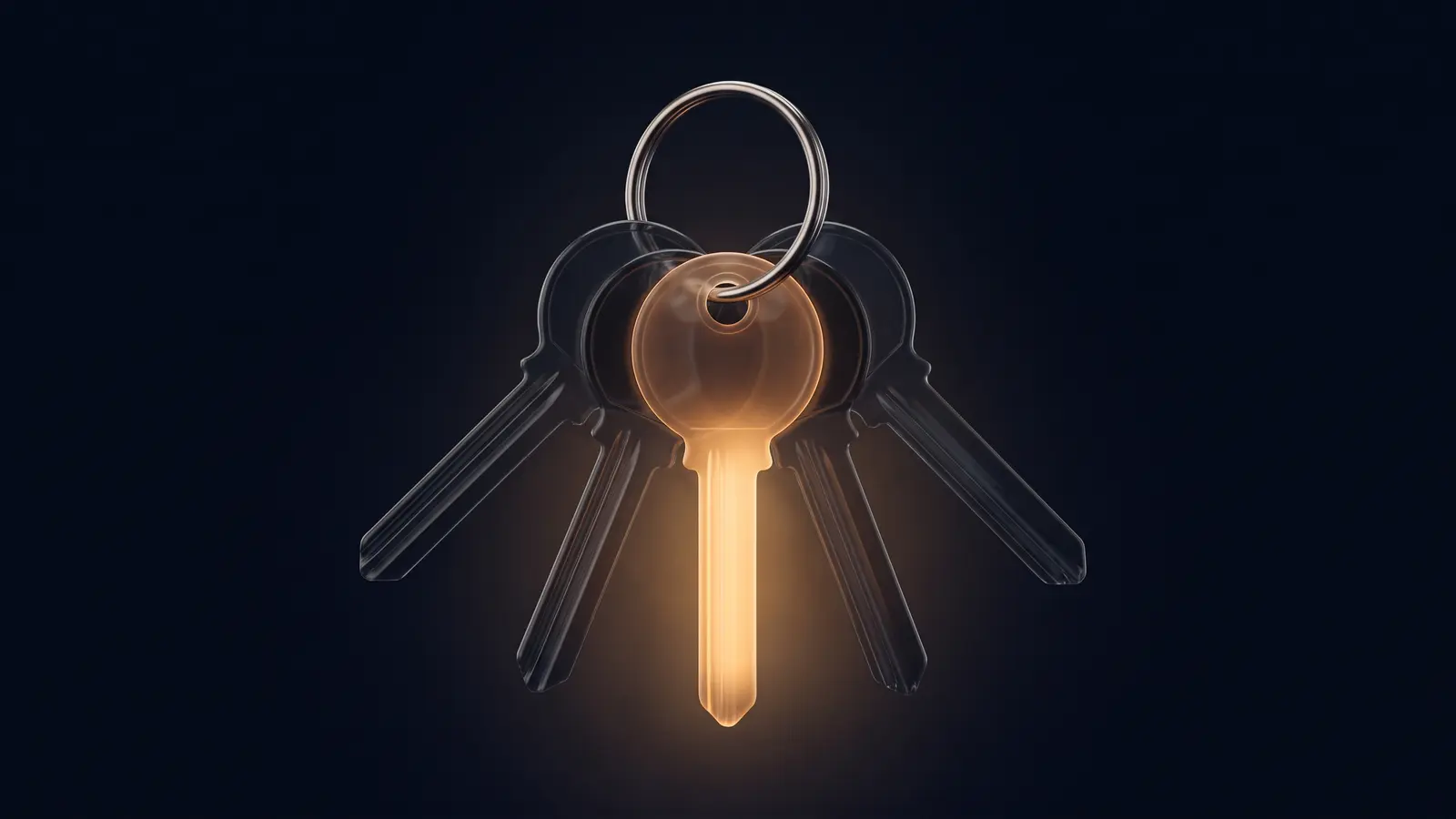Four keys of dark smoked glass fanned on a single ring in a deep blue void, the front key glowing warm amber from within and the three behind left dark