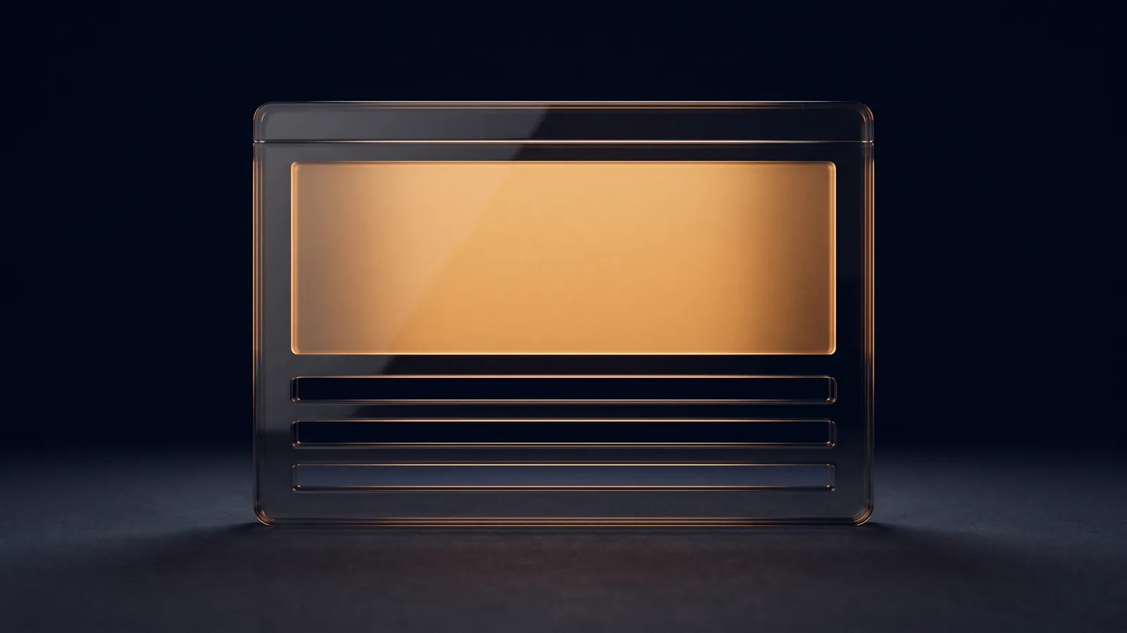 A thick dark smoked glass browser window standing on a dark floor in a deep blue void, its large upper image area glowing warm amber and three hollow unlit text bars beneath it