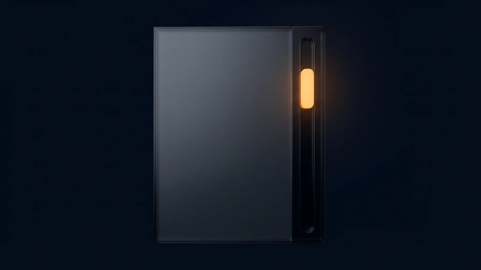 A tall upright panel of dark smoked glass in a deep blue void, a narrow vertical channel down its right edge holding one short block glowing warm amber near the top