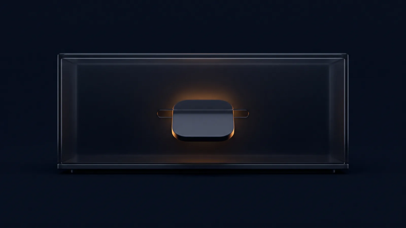 A broad acceptor housing of dark smoked glass standing dead-on on a low base rail in a deep blue void, its front face completely blank, one narrow horizontal slot at the center holding a single plain blank token standing half inserted and dark, lit only by a soft warm amber rim along its edges with the slot opening washed dimly warm behind it
