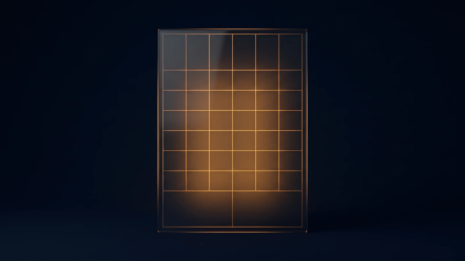 An upright card of dark smoked glass standing face-on in a deep blue void, its blank face divided by fine glowing amber hairlines into rows and columns of empty cells