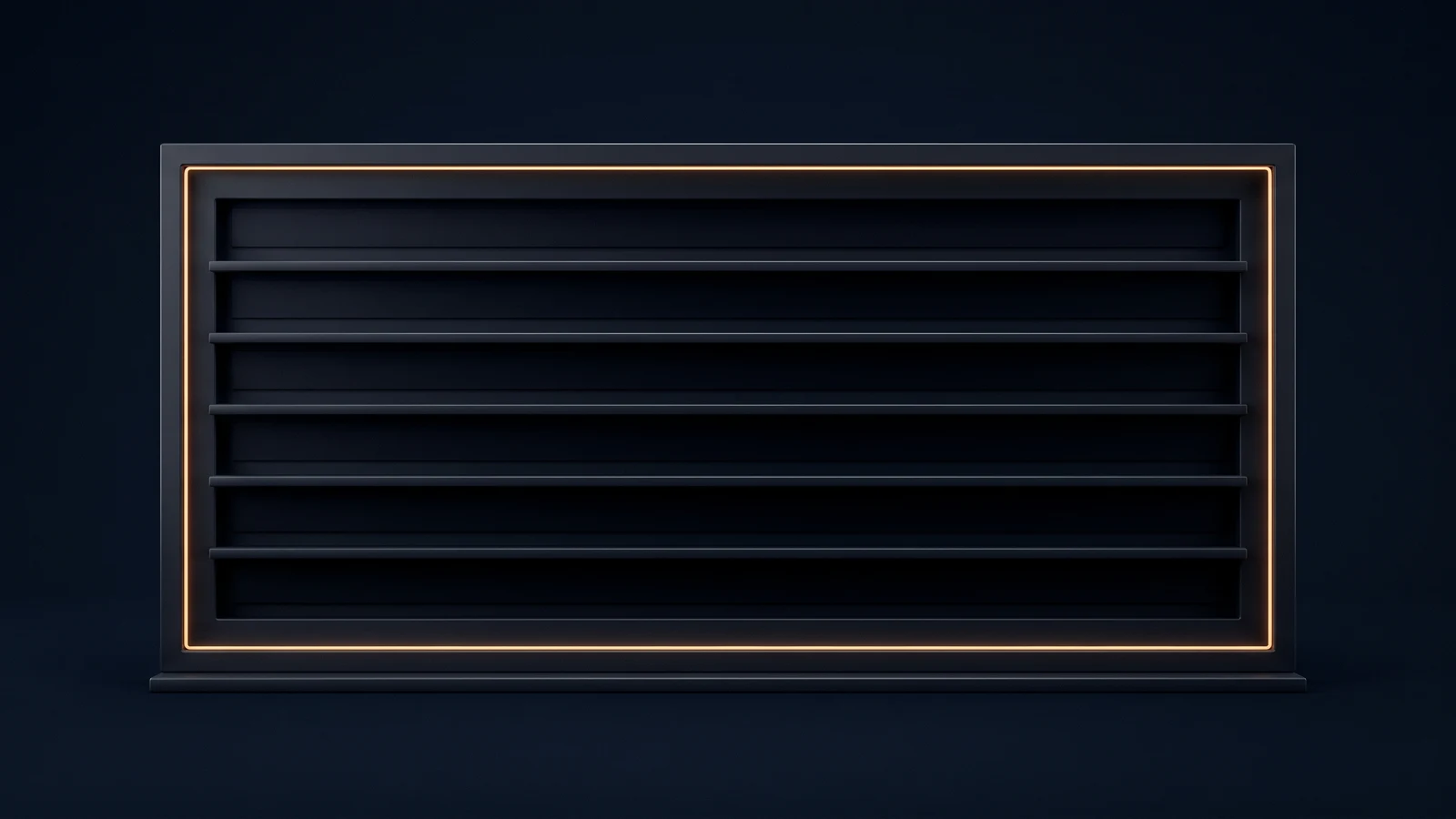 A broad wide listing board of dark matte glass standing dead-on on a low base rail in a deep blue void, its outer frame traced by one thin warm amber line, holding seven identical blank horizontal bars that are all dark and unlit but plainly separate