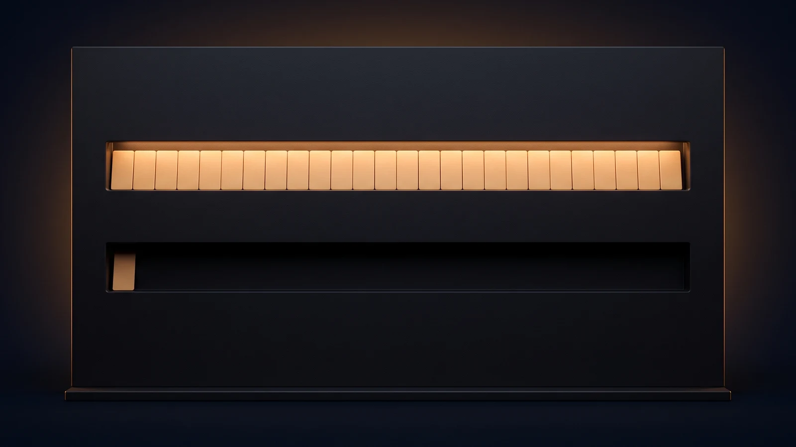 A broad dark blank upright board in a deep blue void carrying two long horizontal channels, the upper channel packed end to end with blank tiles washed warm amber and the lower channel holding one tile at its left end and otherwise empty and dark