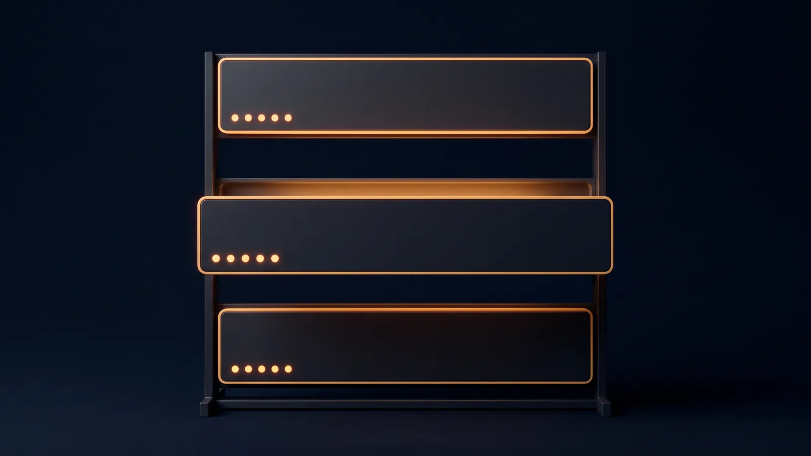 A dark upright rack in a deep blue void holding three wide plates, each with an identical row of five small amber lights, the middle plate pulled forward with warm amber light in the gap behind it