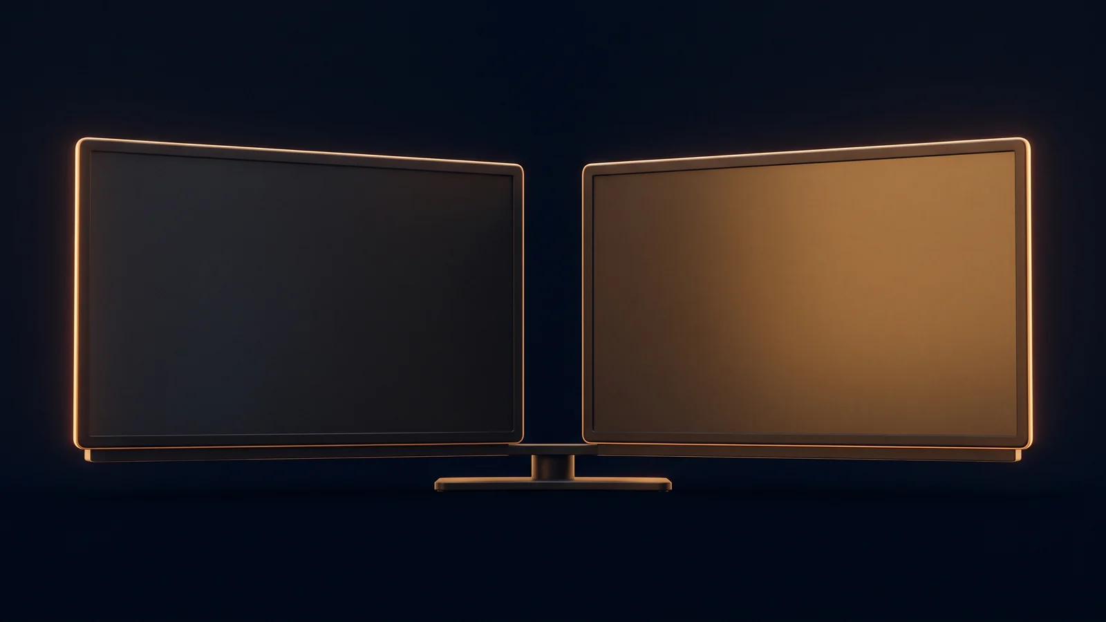 Two dark blank landscape screens side by side on one shared stand in a deep blue void, the right one washed warm amber and the left one dark